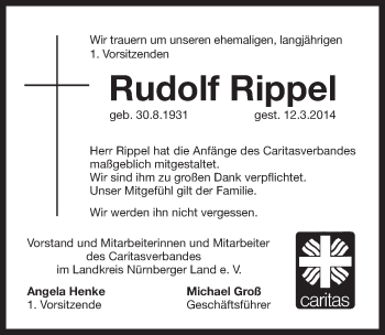Traueranzeige von Rudolf Rippel von Pegnitz-Zeitung